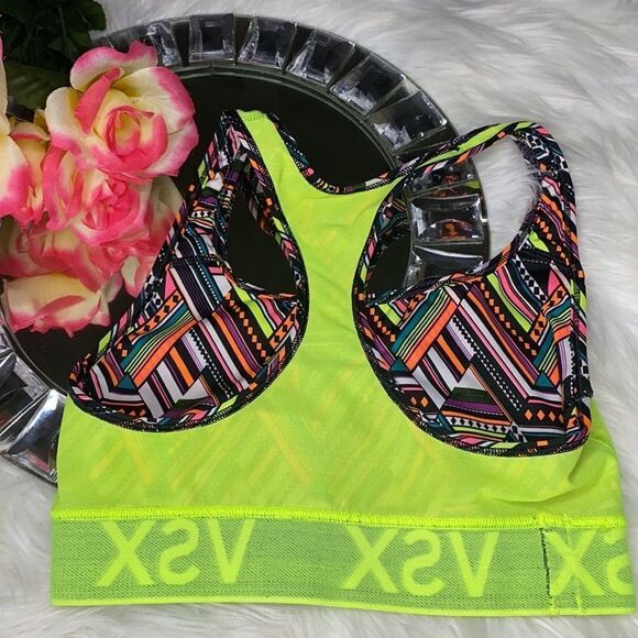 VSX Sports Bra Bright Neon Green Band W/ Geometric Print XS - Picture 5 of 7